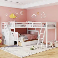 Bellemave® Twin over Full L - Shaped Bunk Bed With 3 Drawers, Ladder and Staircase - Bellemave