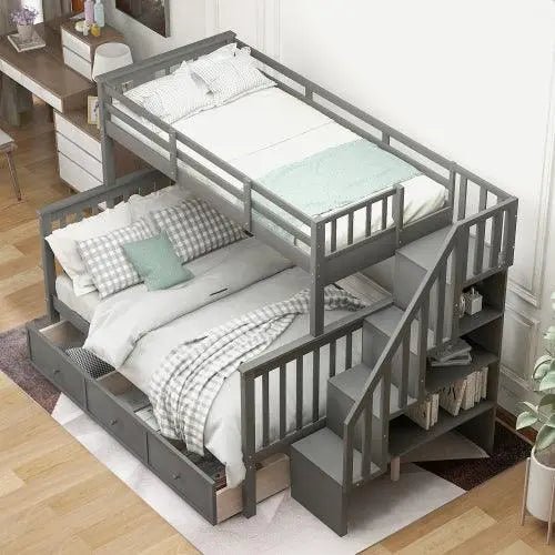 Bellemave® Twin over Full Stairway Bunk Bed with Drawer, Storage and Guard Rail - Bellemave