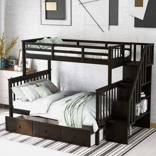 Bellemave® Twin over Full Stairway Bunk Bed with Drawer, Storage and Guard Rail - Bellemave