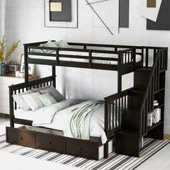 Bellemave® Twin over Full Stairway Bunk Bed with Drawer, Storage and Guard Rail - Bellemave