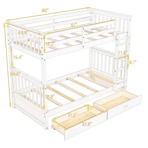 Bellemave Twin-Over-Twin Bunk Bed with Ladders and Two Storage Drawers - Bellemave