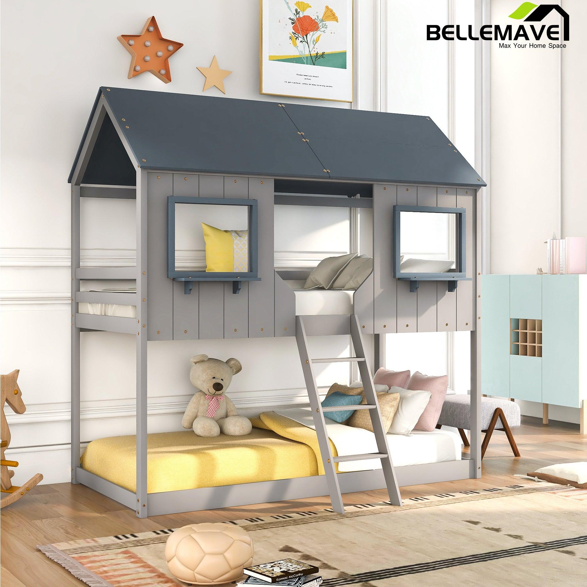 Bellemave Twin Over Twin Bunk Bed with Roof, Window, Guardrail, Ladder - Bellemave