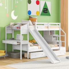 Bellemave Twin over Twin Bunk Bed with Storage Staircase, Slide and Drawers, Desk with Drawers and Shelves - Bellemave