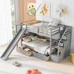 Bellemave Twin over Twin Bunk Bed with Storage Staircase, Slide and Drawers, Desk with Drawers and Shelves - Bellemave