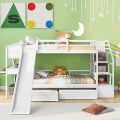 Bellemave Twin over Twin Bunk Bed with Storage Staircase, Slide and Drawers, Desk with Drawers and Shelves - Bellemave