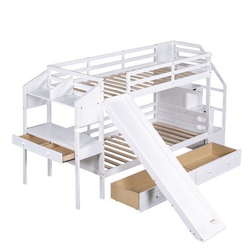 Bellemave Twin over Twin Bunk Bed with Storage Staircase, Slide and Drawers, Desk with Drawers and Shelves - Bellemave