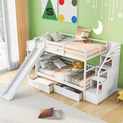 Bellemave Twin over Twin Bunk Bed with Storage Staircase, Slide and Drawers, Desk with Drawers and Shelves - Bellemave