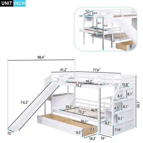 Bellemave Twin over Twin Bunk Bed with Storage Staircase, Slide and Drawers, Desk with Drawers and Shelves - Bellemave