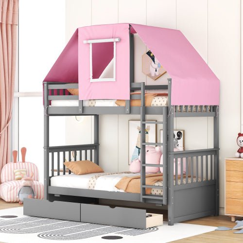 Bellemave Twin Over Twin Bunk Bed Wood Bed with Tent and Drawers - Bellemave