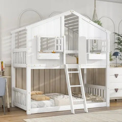 Bellemave Twin over Twin House Bunk Bed with Roof , Window, Window Box, Door , with Safety Guardrails and Ladder - Bellemave