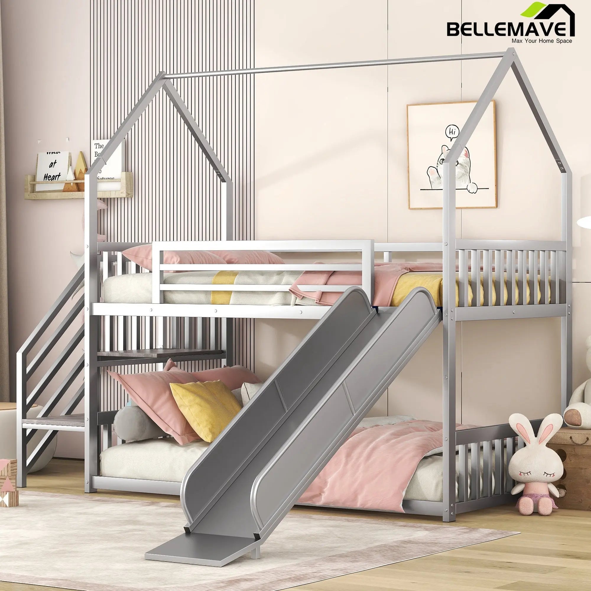 Bellemave Twin over Twin Metal Bunk Bed House Bed with Slide and Staircase - Bellemave