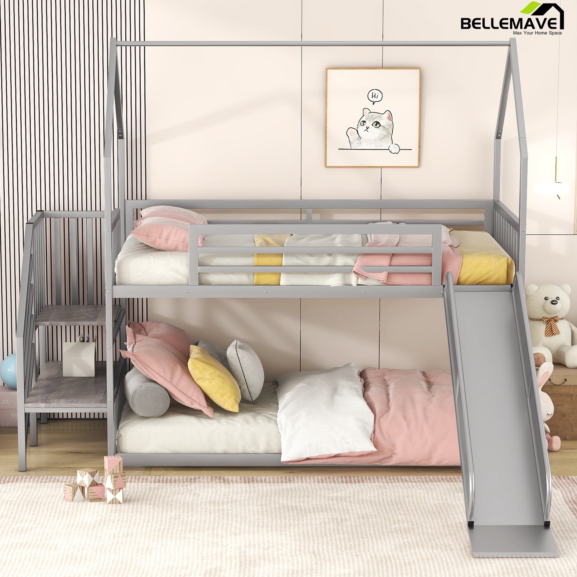 Bellemave Twin over Twin Metal Bunk Bed House Bed with Slide and Staircase - Bellemave