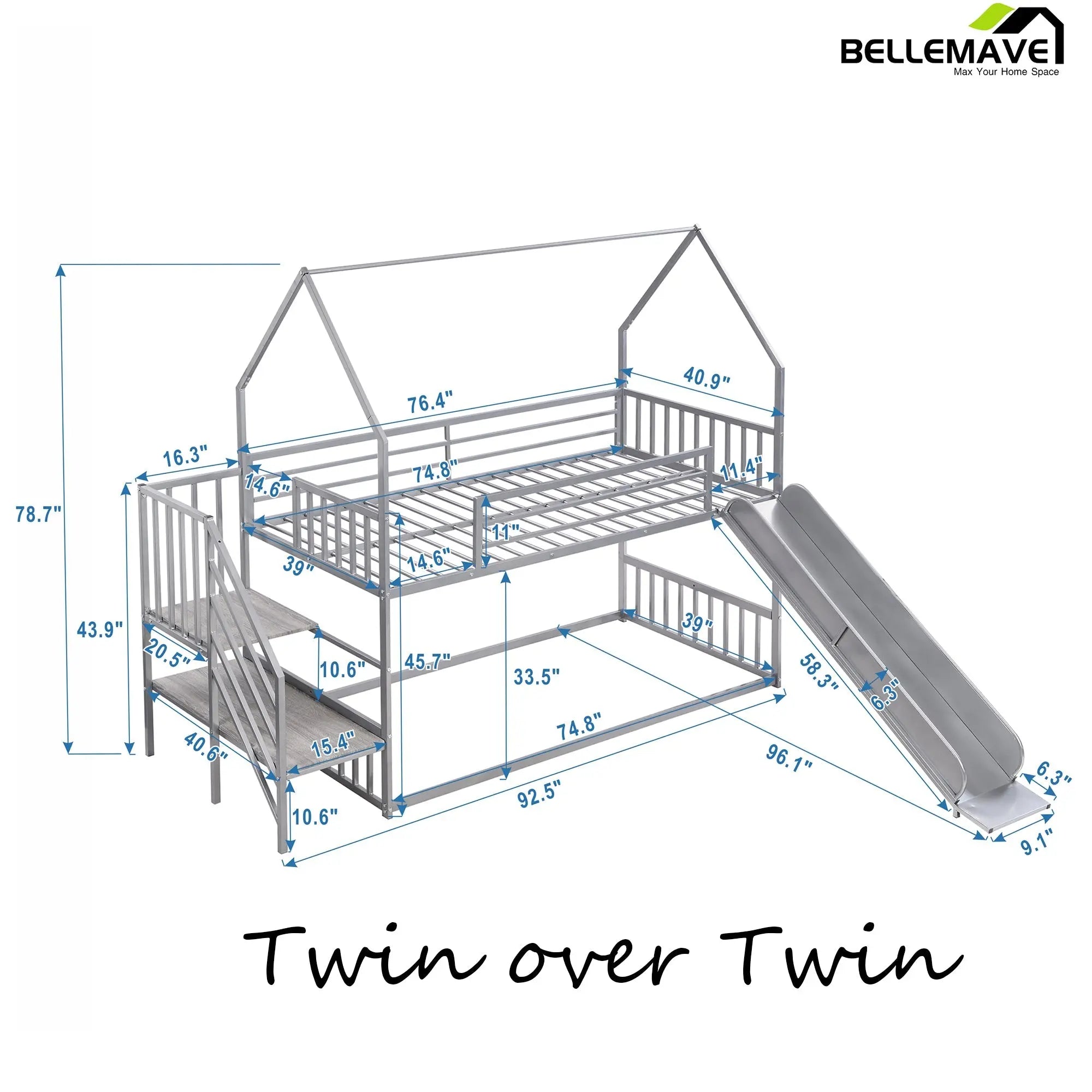 Bellemave Twin over Twin Metal Bunk Bed House Bed with Slide and Staircase - Bellemave