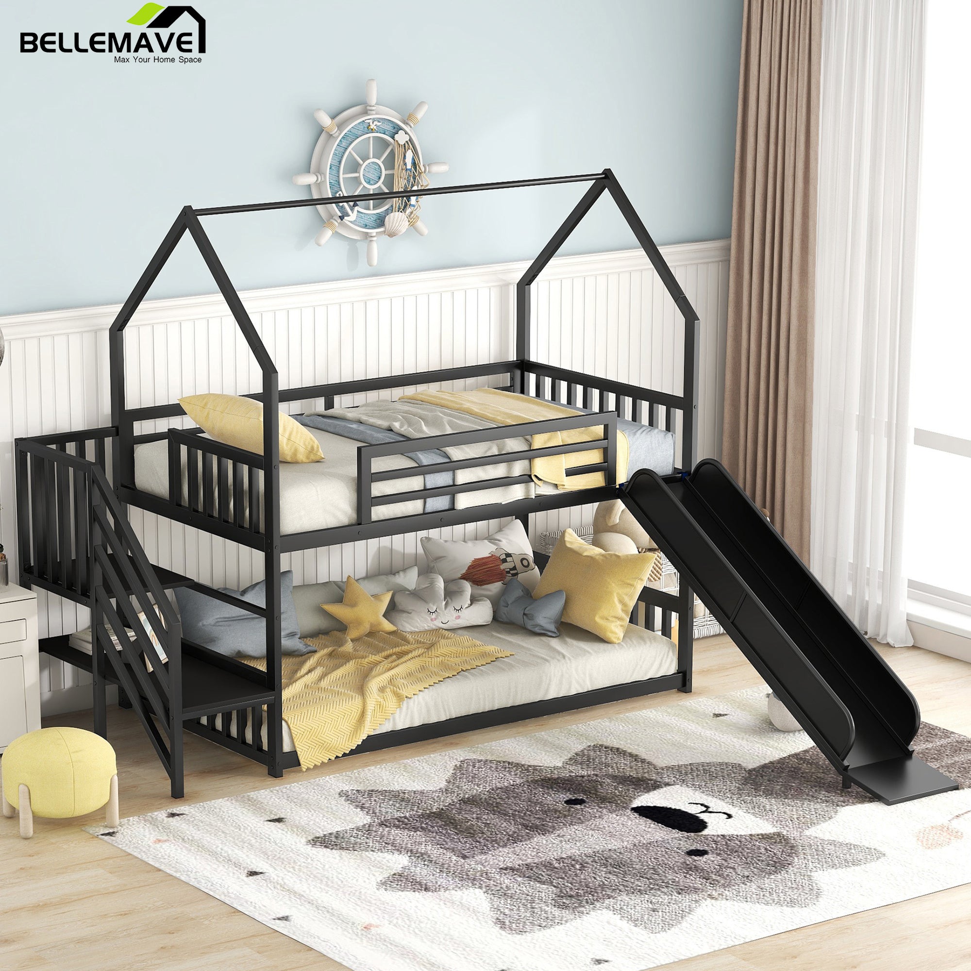 Bellemave Twin over Twin Metal Bunk Bed House Bed with Slide and Staircase - Bellemave