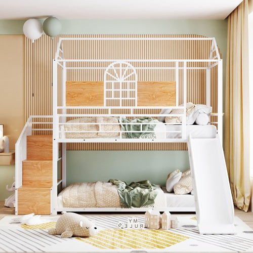 Bellemave Twin Over Twin Metal Bunk Bed, Metal Housebed with Slide and Storage Stair - Bellemave