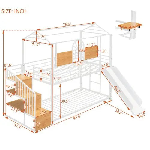 Bellemave Twin Over Twin Metal Bunk Bed, Metal Housebed with Slide and Storage Stair - Bellemave