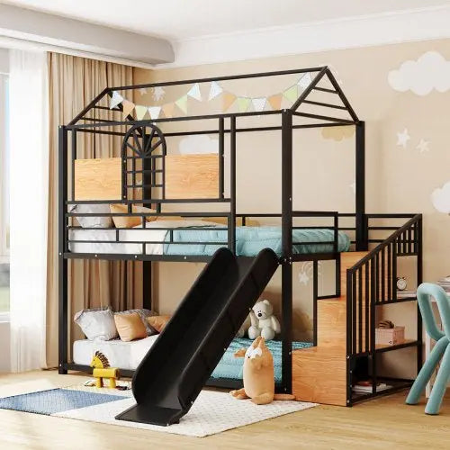 Bellemave Twin Over Twin Metal Bunk Bed, Metal Housebed with Slide and Storage Stair - Bellemave