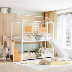 Bellemave Twin Over Twin Metal Bunk Bed, Metal Housebed with Slide and Storage Stair - Bellemave