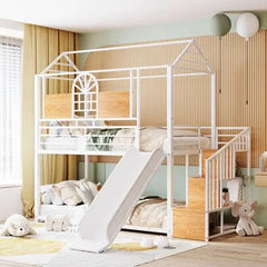 Bellemave Twin Over Twin Metal Bunk Bed, Metal Housebed with Slide and Storage Stair - Bellemave