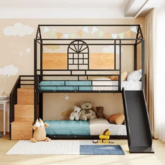 Bellemave Twin Over Twin Metal Bunk Bed, Metal Housebed with Slide and Storage Stair - Bellemave