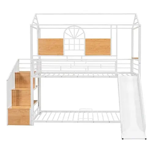 Bellemave Twin Over Twin Metal Bunk Bed, Metal Housebed with Slide and Storage Stair - Bellemave