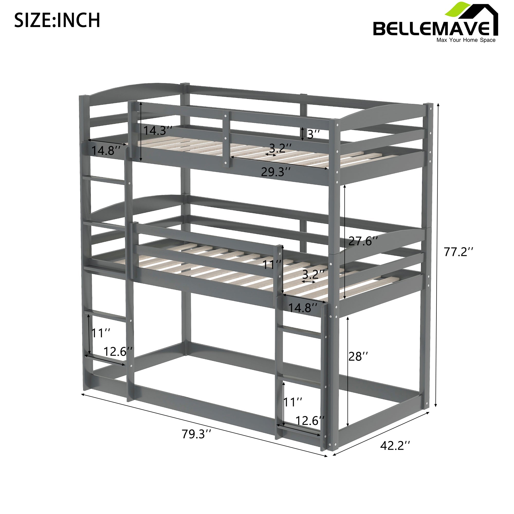 Bellemave Twin over Twin over Twin Triple Bunk Bed - Bellemave