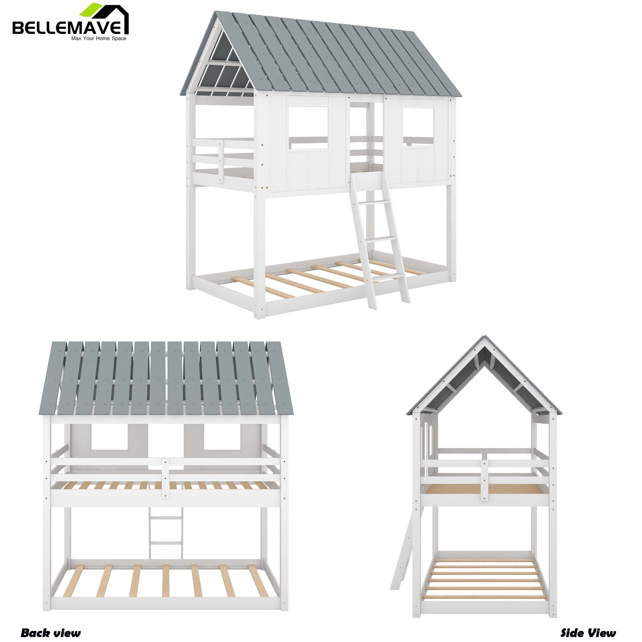 Bellemave Twin over Twin Size Low Bunk Beds with Roof and Fence-shaped Guardrail - Bellemave