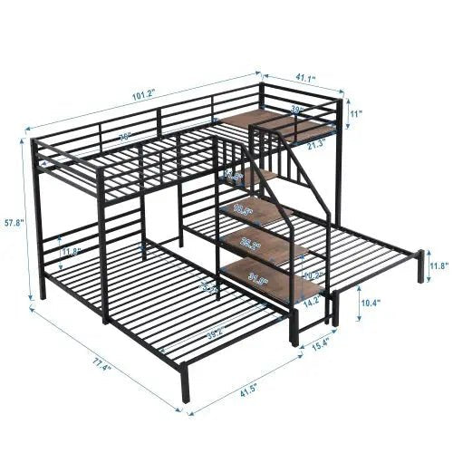 Bellemave® Twin over Twin & Twin Metal Triple Bunk Bed with Storage Shelves Staircase - Bellemave