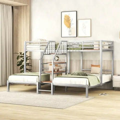 Bellemave® Twin over Twin & Twin Metal Triple Bunk Bed with Storage Shelves Staircase - Bellemave