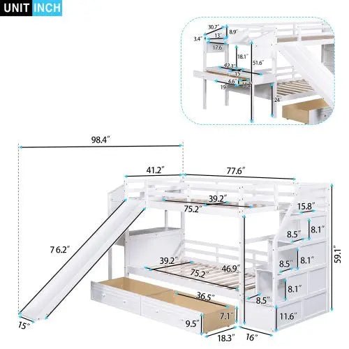 Bellemave® Twin Size Bunk Bed with Storage Staircase, Slide and Drawers, Desk with Drawers and Shelves - Bellemave