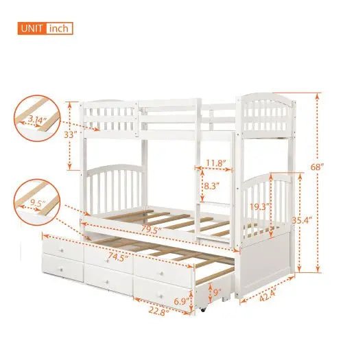 Bellemave® Twin Size Bunk Bed with Trundle Bed and 3 Drawers - Bellemave