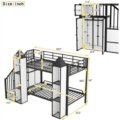 Bellemave® Twin Size Castle - shaped Metal Bunk Bed with Wardrobe and Multiple Storage - Bellemave