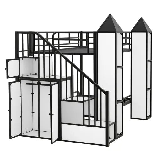 Bellemave® Twin Size Castle - shaped Metal Bunk Bed with Wardrobe and Multiple Storage - Bellemave
