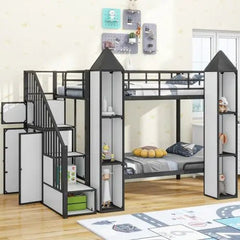 Bellemave® Twin Size Castle - shaped Metal Bunk Bed with Wardrobe and Multiple Storage - Bellemave
