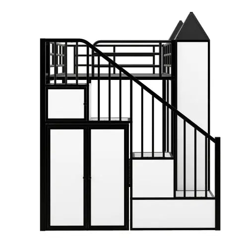 Bellemave® Twin Size Castle - shaped Metal Bunk Bed with Wardrobe and Multiple Storage - Bellemave