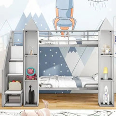 Bellemave® Twin Size Castle - shaped Metal Bunk Bed with Wardrobe and Multiple Storage - Bellemave