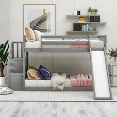Bellemave® Twin Size Floor Bunk Bed with Convertible Slide and Stairway - Bellemave