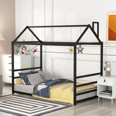 Bellemave® Twin Size Floor House Bed with Roof and Chimney Design - Bellemave