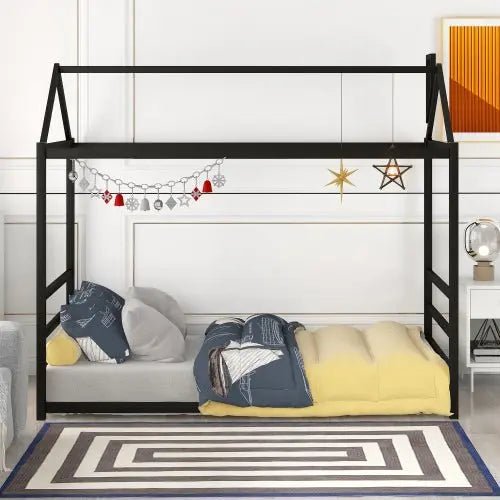 Bellemave® Twin Size Floor House Bed with Roof and Chimney Design - Bellemave