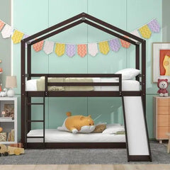Bellemave® Twin Size Floor House Bunk Bed with Slide and Ladder - Bellemave