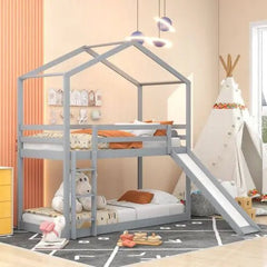 Bellemave® Twin Size Floor House Bunk Bed with Slide and Ladder - Bellemave