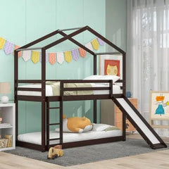 Bellemave® Twin Size Floor House Bunk Bed with Slide and Ladder - Bellemave