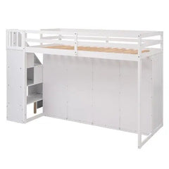 Bellemave® Twin Size Functional Loft Bed with 3 Shelves, 2 Wardrobes and 2 Drawers, Ladder with Storage - Bellemave