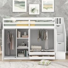 Bellemave® Twin Size Functional Loft Bed with 3 Shelves, 2 Wardrobes and 2 Drawers, Ladder with Storage - Bellemave
