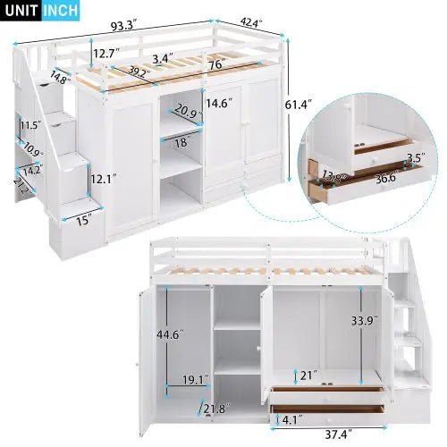Bellemave® Twin Size Functional Loft Bed with 3 Shelves, 2 Wardrobes and 2 Drawers, Ladder with Storage - Bellemave