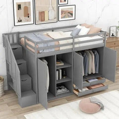 Bellemave® Twin Size Functional Loft Bed with 3 Shelves, 2 Wardrobes and 2 Drawers, Ladder with Storage - Bellemave