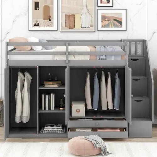 Bellemave® Twin Size Functional Loft Bed with 3 Shelves, 2 Wardrobes and 2 Drawers, Ladder with Storage - Bellemave