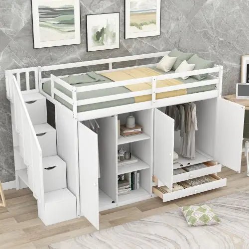 Bellemave® Twin Size Functional Loft Bed with 3 Shelves, 2 Wardrobes and 2 Drawers, Ladder with Storage - Bellemave