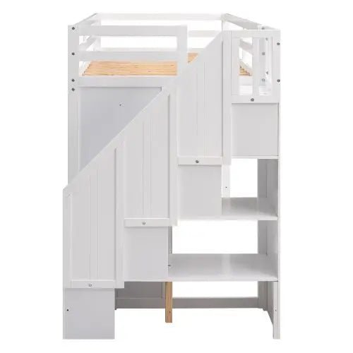 Bellemave® Twin Size Functional Loft Bed with 3 Shelves, 2 Wardrobes and 2 Drawers, Ladder with Storage - Bellemave