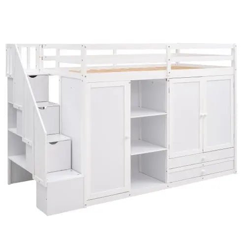 Bellemave® Twin Size Functional Loft Bed with 3 Shelves, 2 Wardrobes and 2 Drawers, Ladder with Storage - Bellemave